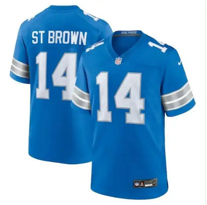 Blue NFL Detroit Lions Amon-Ra St. Brown 14 jersey displayed in product image