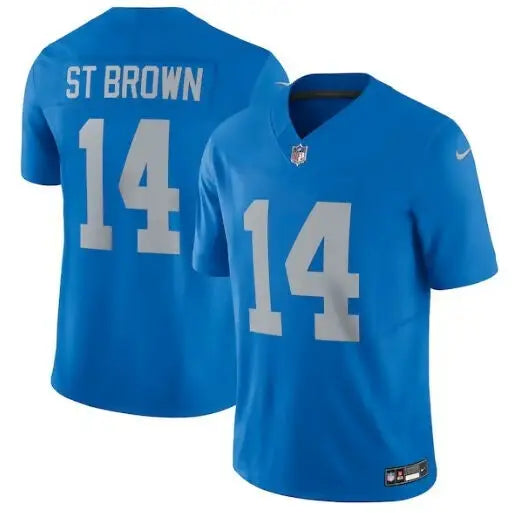 Blue Detroit Lions Amon-Ra St. Brown Nike Vapor F.U.S.E. jersey with gray ST BROWN 14