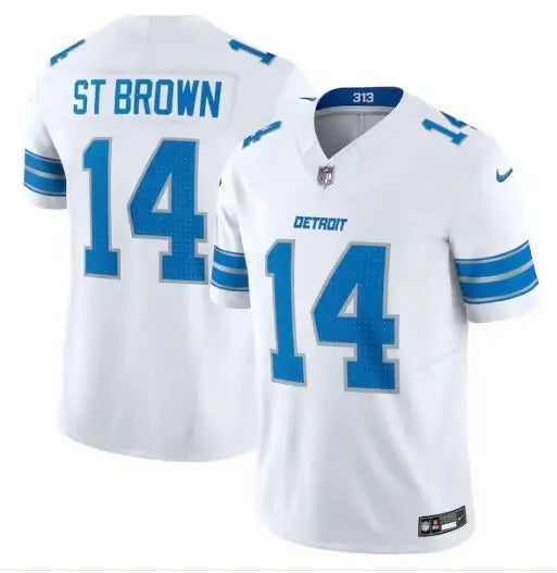 White and blue Amon-Ra St. Brown Detroit Lions Nike Vapor F.U.S.E. Limited Jersey with number 14