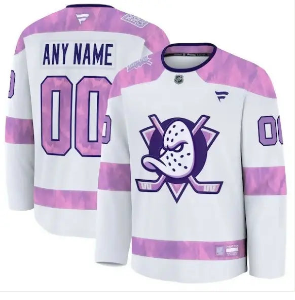 White and purple Anaheim Ducks 2024 Hockey Fights Cancer custom practice jersey
