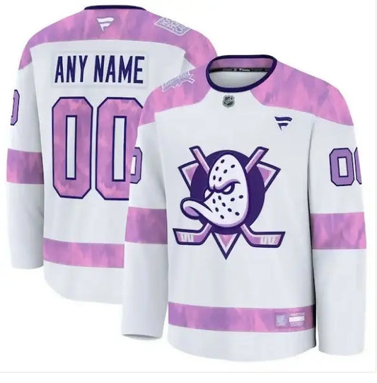White and purple Anaheim Ducks 2024 Hockey Fights Cancer custom practice jersey
