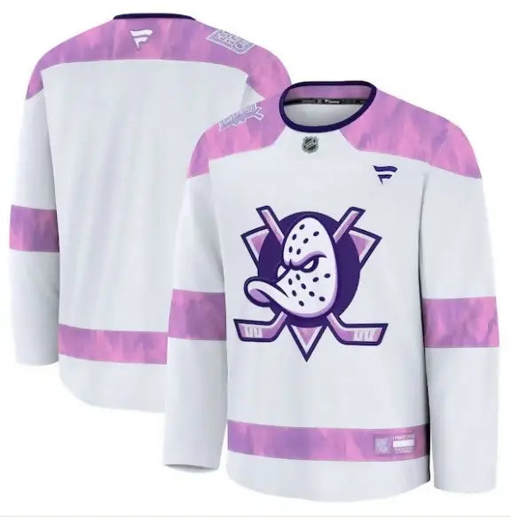 White Anaheim Ducks 2024 Hockey Fights Cancer practice jersey displayed for sale