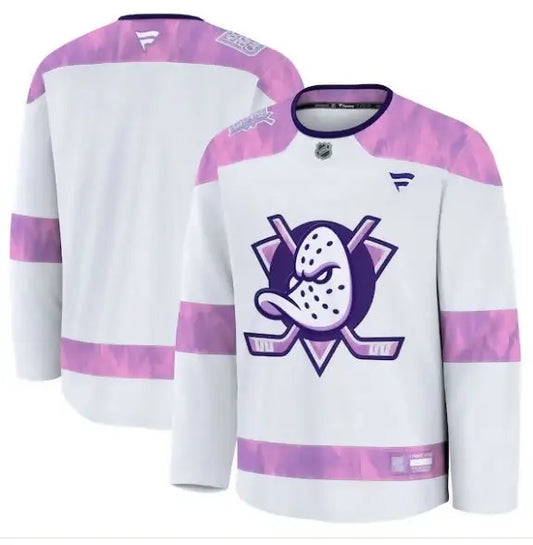 White Anaheim Ducks 2024 Hockey Fights Cancer practice jersey displayed for sale