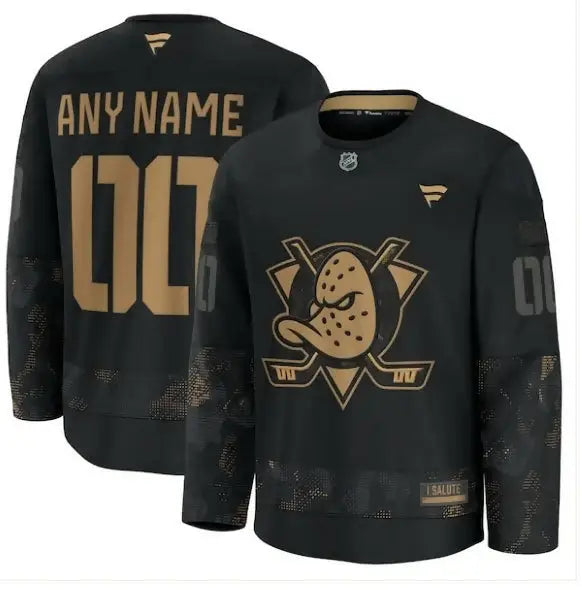 Black Anaheim Ducks hockey jersey for Military Appreciation, personalized long sleeve practice image