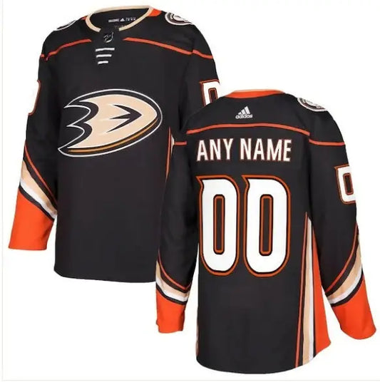 Black and orange Anaheim Ducks Adidas authentic custom hockey jersey on display