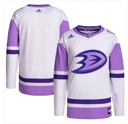 White and purple Anaheim Ducks adidas Hockey Fights Cancer Primegreen authentic practice jersey
