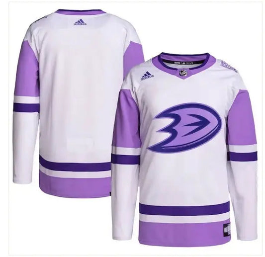 White and purple Anaheim Ducks adidas Hockey Fights Cancer Primegreen authentic practice jersey