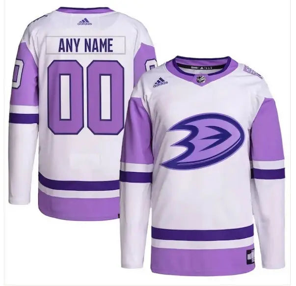 White and purple Anaheim Ducks Hockey Fights Cancer Premiergreen Authentic Custom Jersey