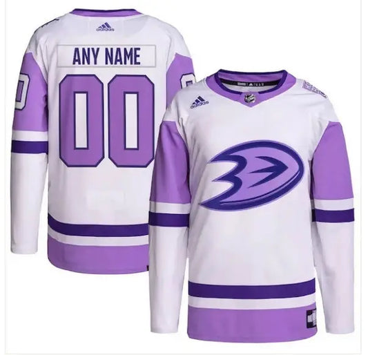 White and purple Anaheim Ducks Hockey Fights Cancer Premiergreen Authentic Custom Jersey
