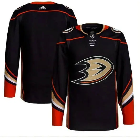 Black Anaheim Ducks hockey jersey displayed in the Anaheim Ducks adidas men’s home authentic jersey