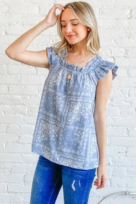 And The Why Boho Print Ruffle Baby Doll Tank Top