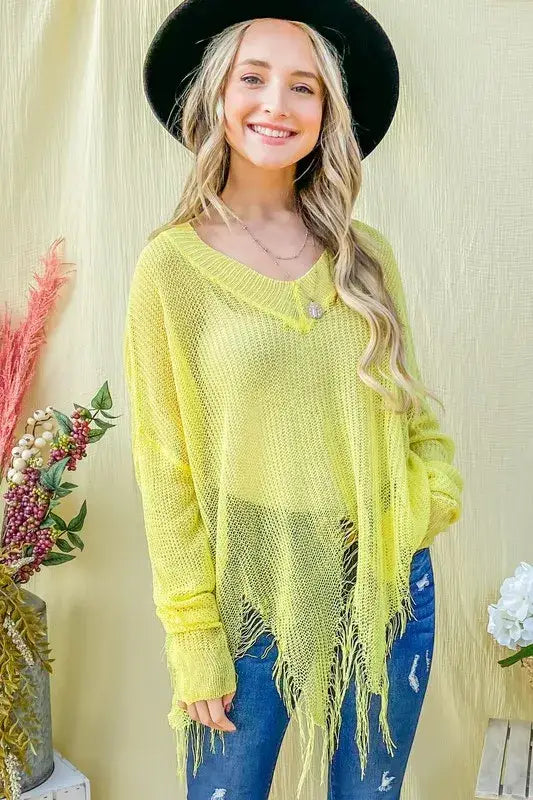 And The Why Distressed Mesh V Neck Spring Sweater Cover Up - YELLOW / SM