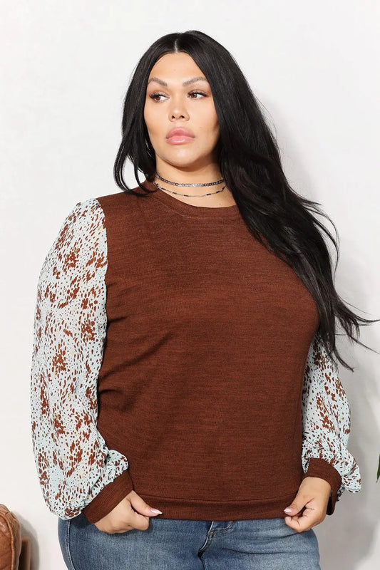 And The Why Full Size Foil Printed Sleeve Top - Brown / S