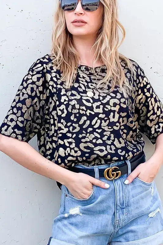 And The Why Leopard Foil Printed Half Sleeve Summer Sweater