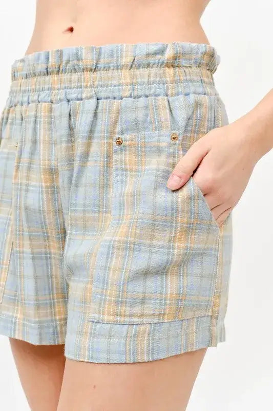 And The Why Plaid Print Smocked Detail Casual Shorts