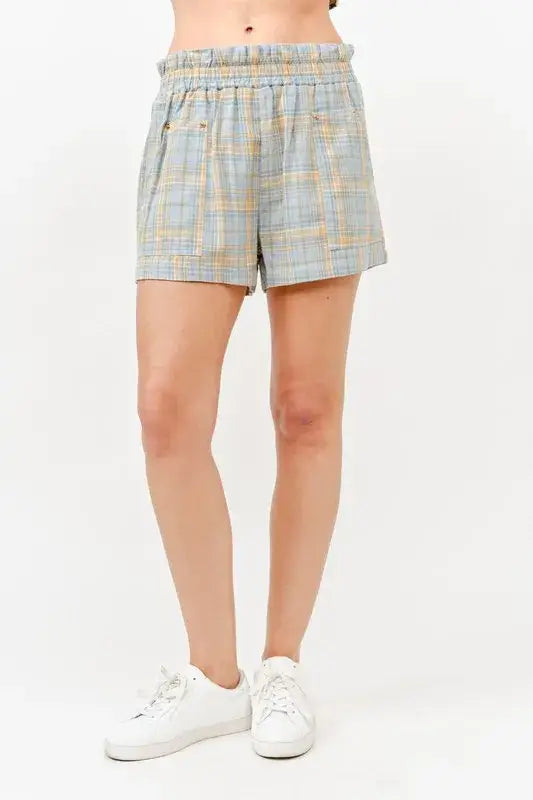 And The Why Plaid Print Smocked Detail Casual Shorts