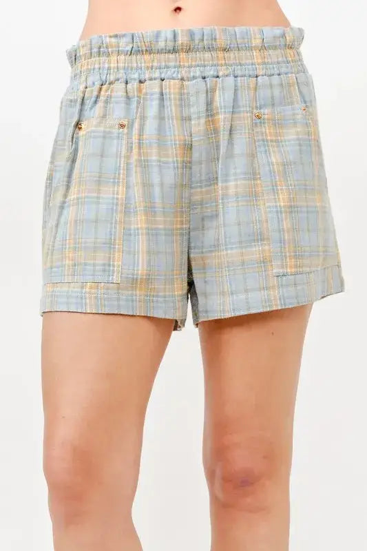 And The Why Plaid Print Smocked Detail Casual Shorts