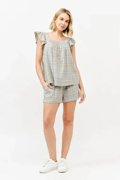 And The Why Plaid Print Smocked Detail Casual Shorts - BLUE / S