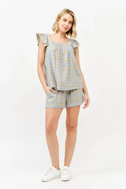 And The Why Plaid Print Smocked Detail Casual Shorts - BLUE / S