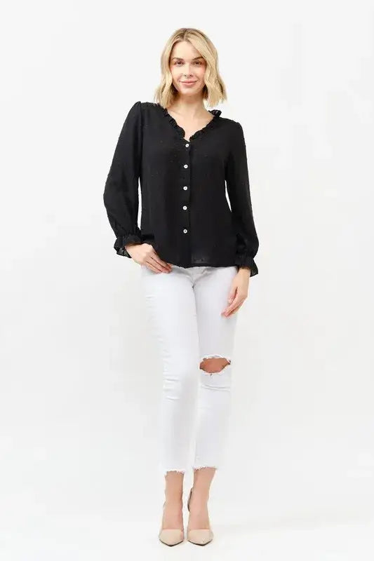 And The Why Polka Dot Ruffle Detailed Blouse Top - BLACK / S