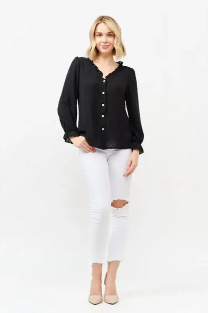 And The Why Polka Dot Ruffle Detailed Blouse Top - BLACK / S