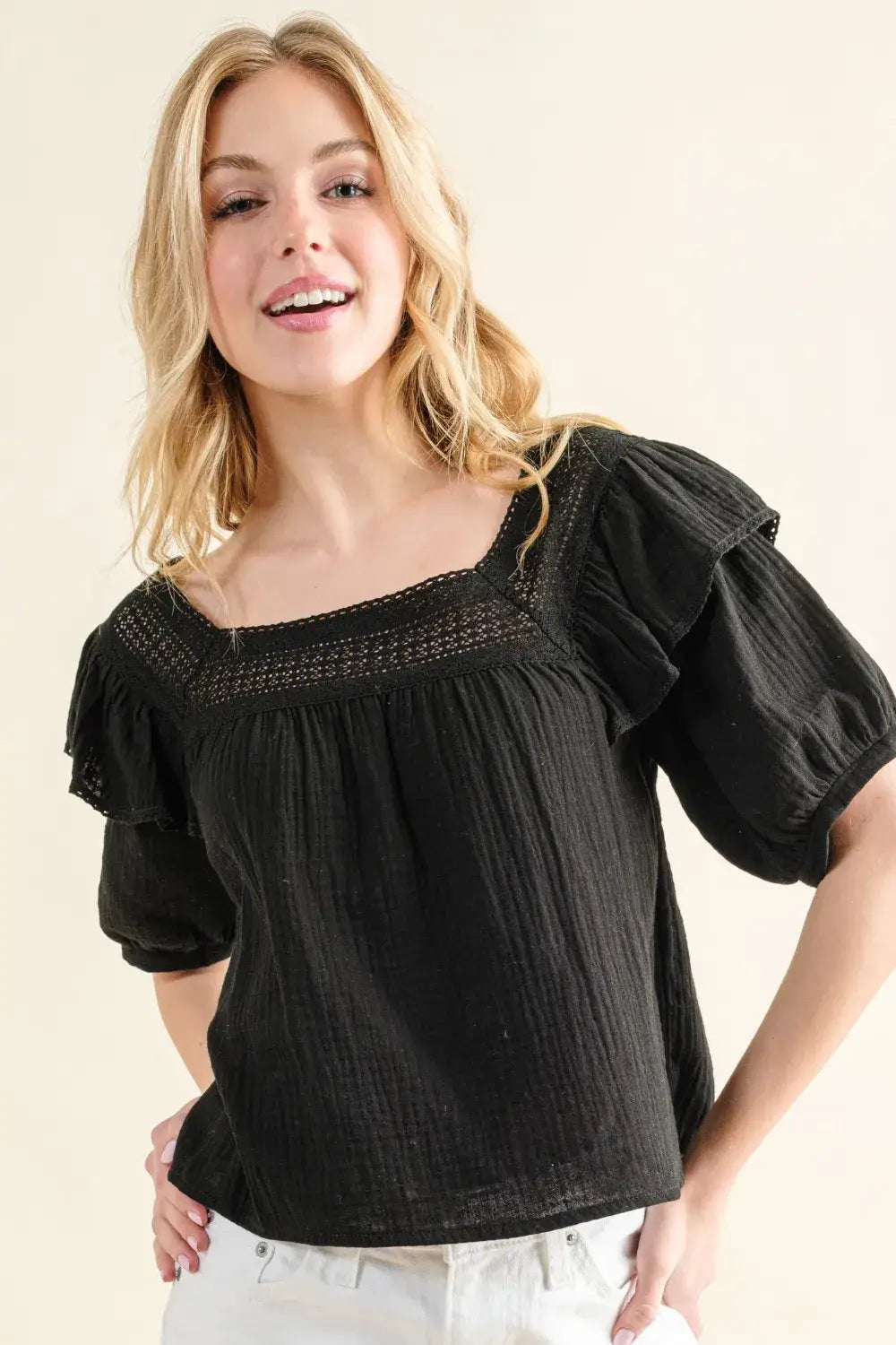 And The Why Square Neck Ruffled Blouse - BLACK / S