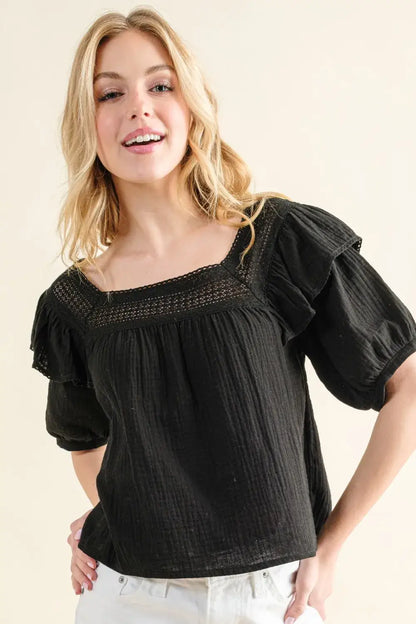 And The Why Square Neck Ruffled Blouse - BLACK / S