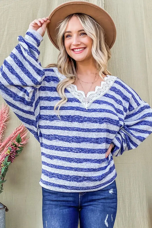 And The Why Striped Lace Detail V Neck Top - BLUE / S