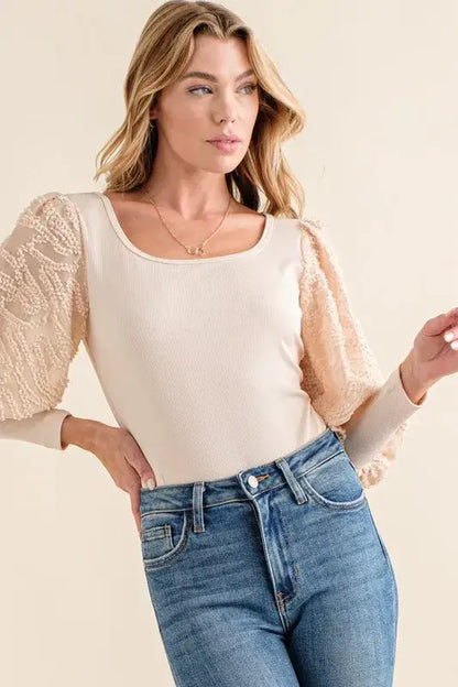 And The Why Textured Puff Sleeve Bodysuit - Beige / S