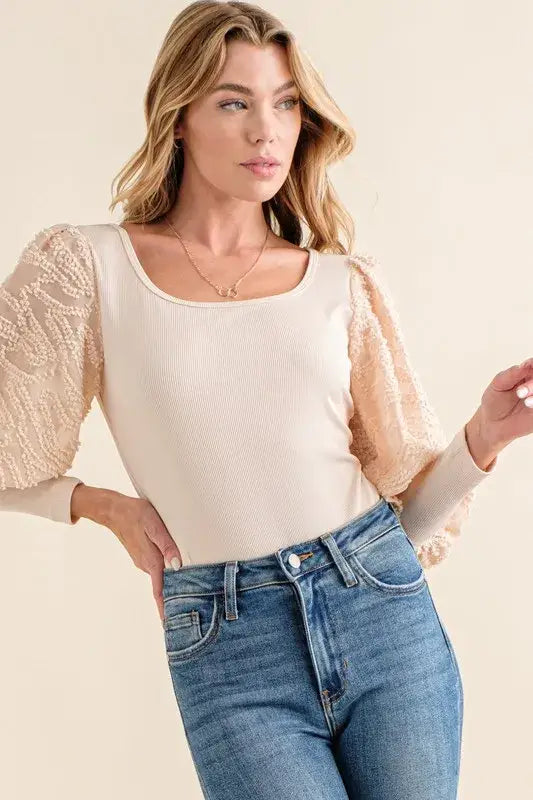 And The Why Textured Puff Sleeve Bodysuit - Beige / S
