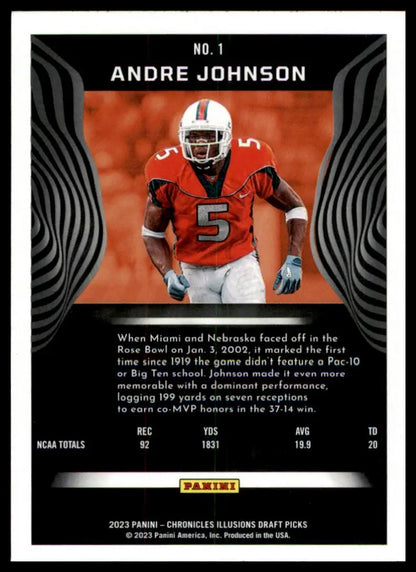 Andre Johnson football card from Panini Chronicles Draft Picks Miami Hurricanes 2023
