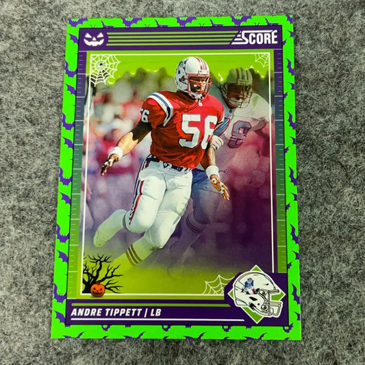Vibrant green and purple Halloween-themed Andre Tippett Patriots football trading card