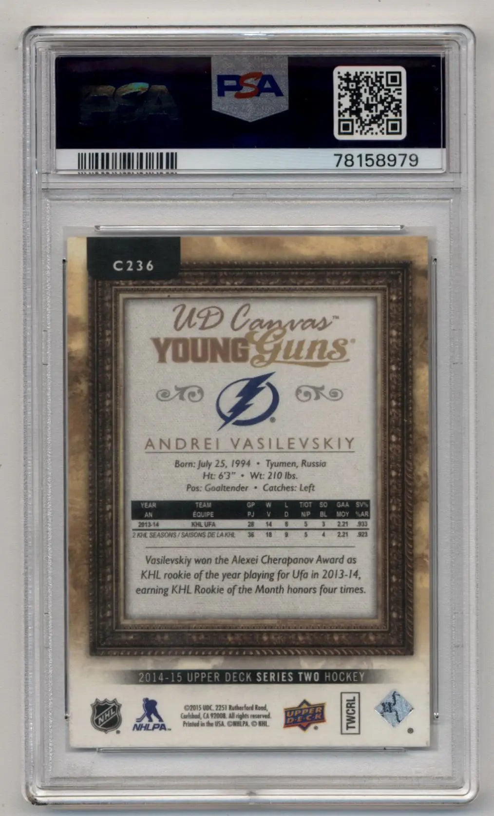 Andrei Vasilevskiy 2014-15 Upper Deck Canvas #C236 PSA 10 Gem Mint - Singles