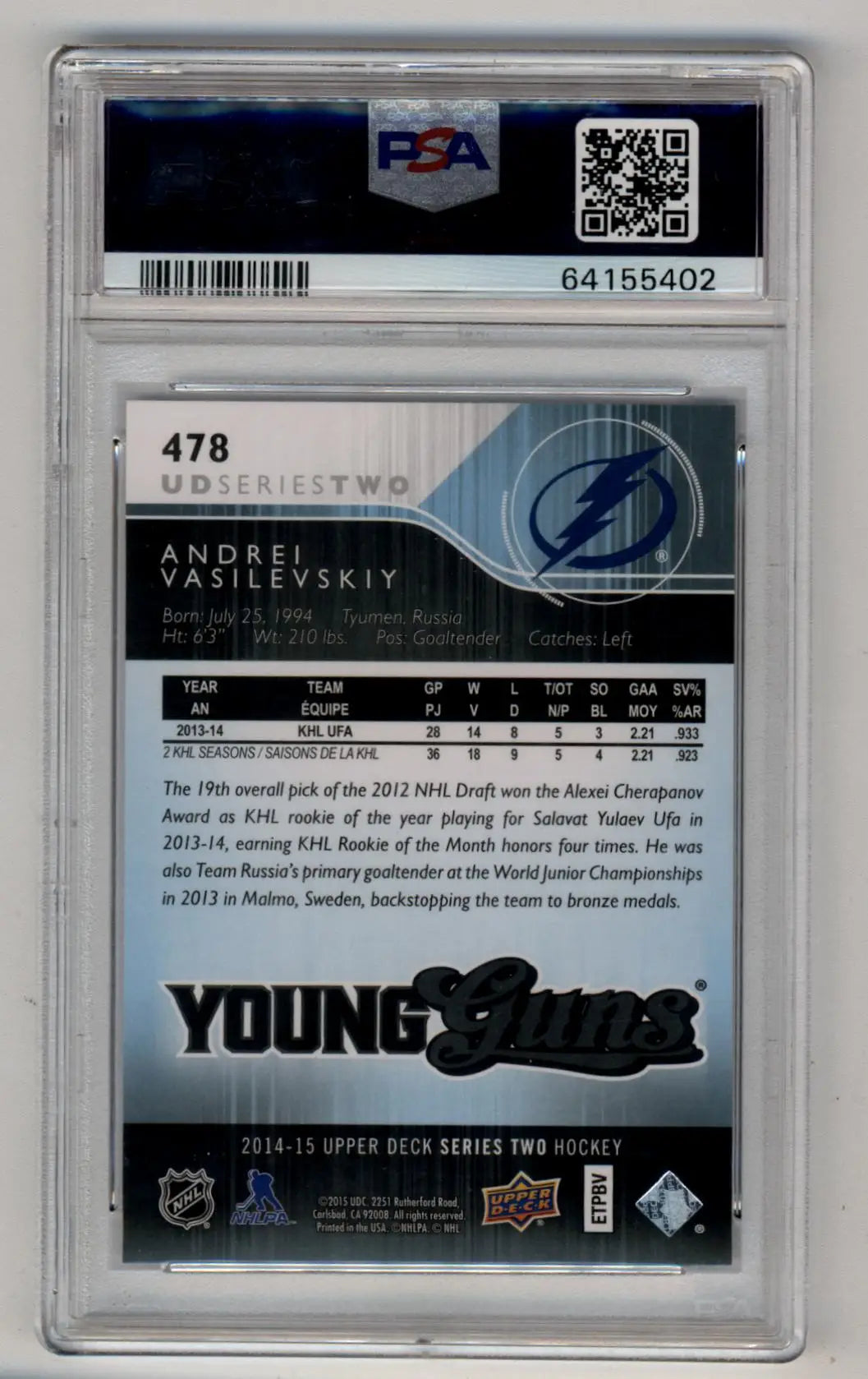 Andrei Vasilevskiy 2014-15 Upper Deck Young Gun #478 PSA 9 Mint 5402 - Singles