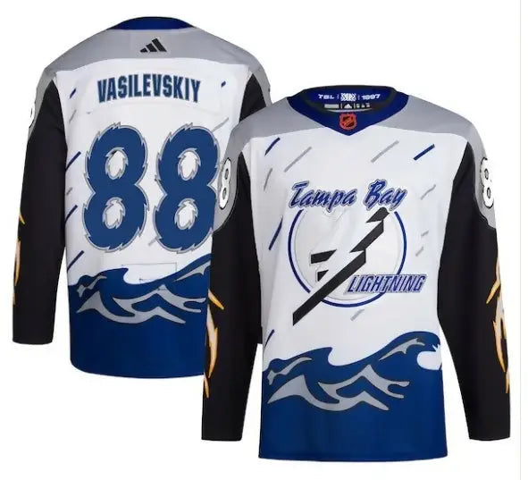 White, blue, and black Tampa Bay Lightning Vasilevskiy jersey with 88 on back and Lightning logo