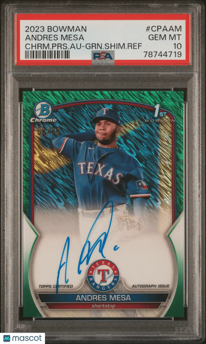 PSA-graded 2023 Bowman Chrome Andres Mesa Green Shimmer Autograph baseball card from Columbia Hobby