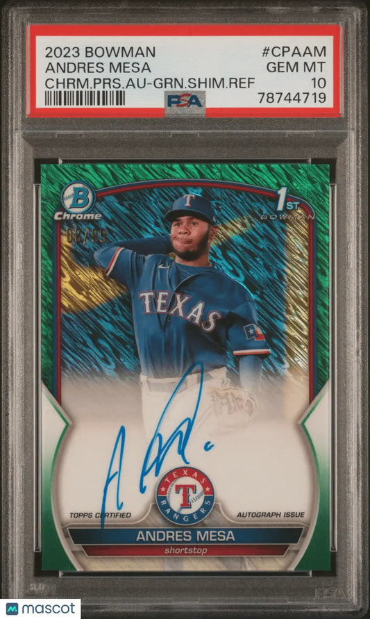 PSA-graded 2023 Bowman Chrome Andres Mesa Green Shimmer Autograph baseball card from Columbia Hobby