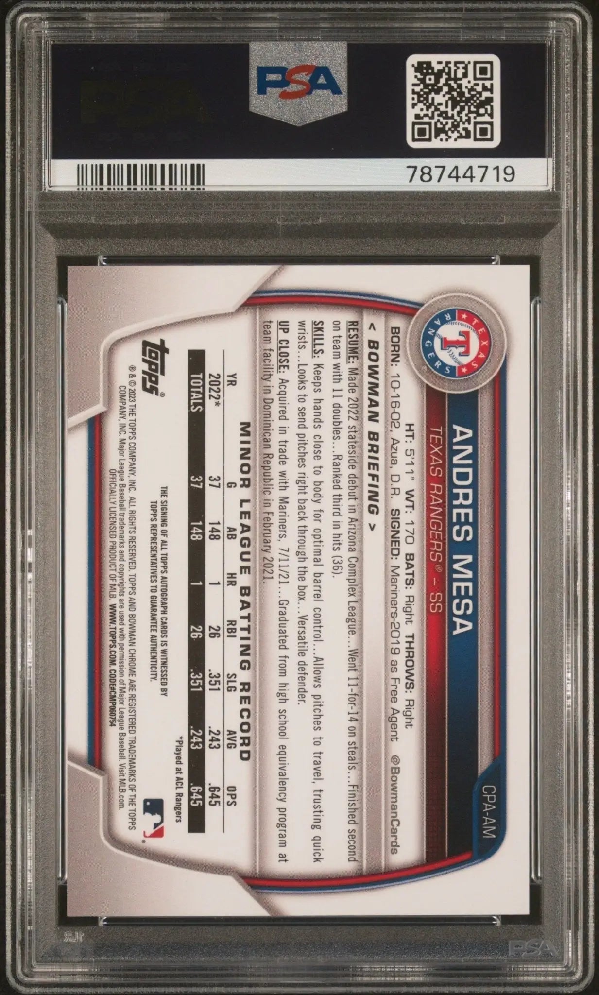 PSA-graded Andres Mesa Bowman Chrome 1st Green Shimmer autograph card from Columbia Hobby