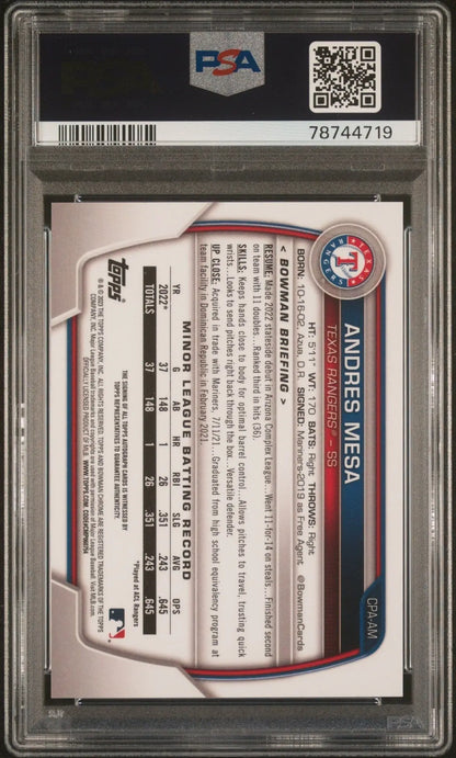 PSA-graded Andres Mesa Bowman Chrome 1st Green Shimmer autograph card from Columbia Hobby