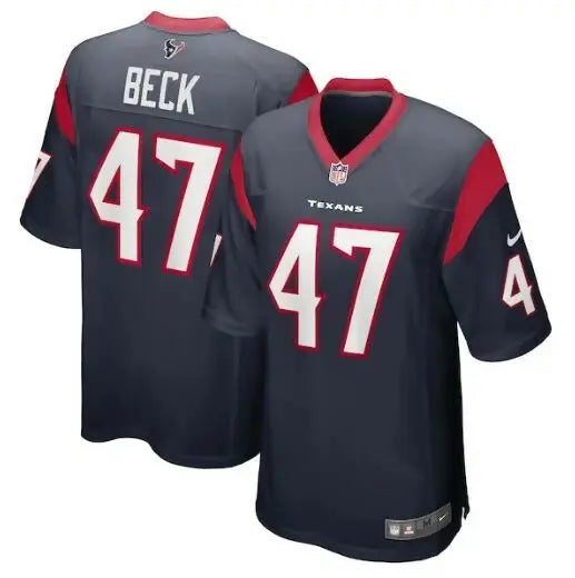 Dark gray Houston Texans Nike game jersey with red white accents and number 47 Beck