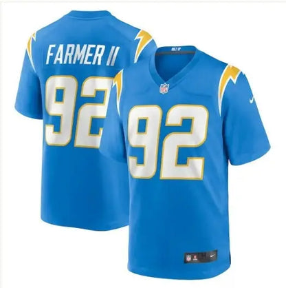 Light blue Los Angeles Chargers football jersey with FARMER II 92 in white and gold lettering