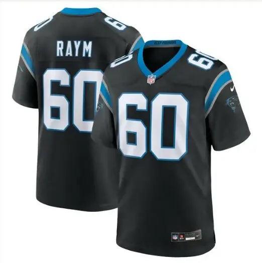 Black Carolina Panthers football jersey displayed for the Andrew Raym Nike Game Jersey collection