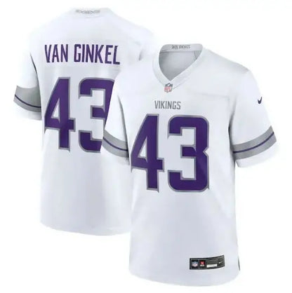 White Andrew Van Ginkel Minnesota Vikings jersey with purple accents and number 43