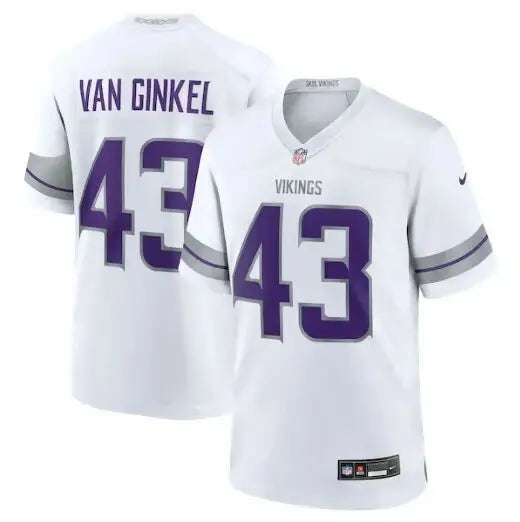 White Andrew Van Ginkel Minnesota Vikings jersey with purple accents and number 43