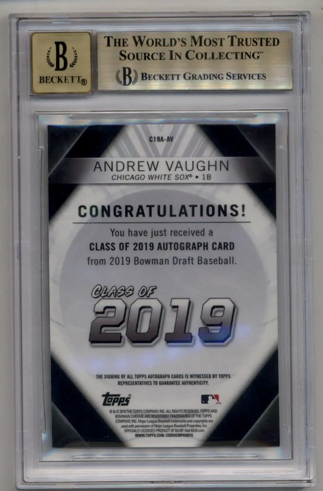 BGS-graded Topps Class of 2019 Andrew Vaughn Bowman Chrome Draft Gold Refractor Auto