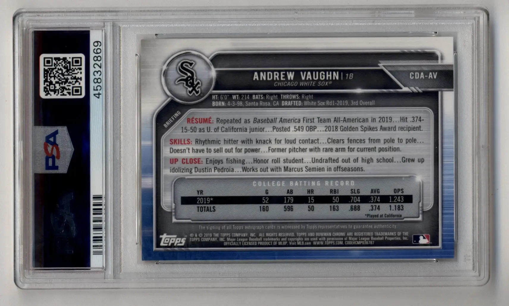 Andrew Vaughn 2019 Bowman Chrome Draft Gold Refractor Auto in protective case showing stats