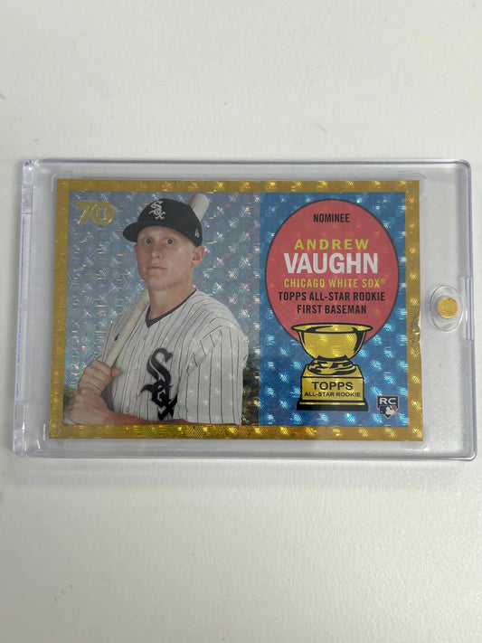 Baseball Superfractor of Andrew Vaughn in protective case with blue and gold design