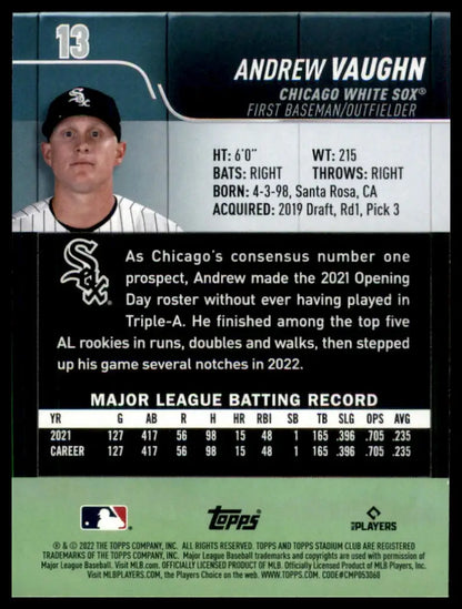 Andrew Vaughn Baseball Card from 2022 Stadium Club Chicago White Sox collection