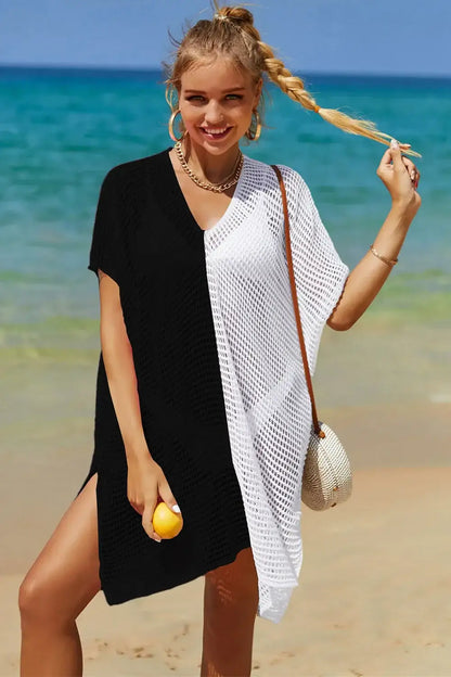 Black and white Angel Wings Openwork contrast slit knit cover-up with V-neck and short sleeves