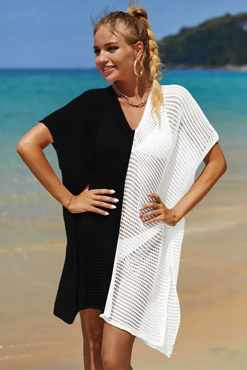 Black and white Angel Wings Openwork Contrast Slit Knit Cover Up with V-neck